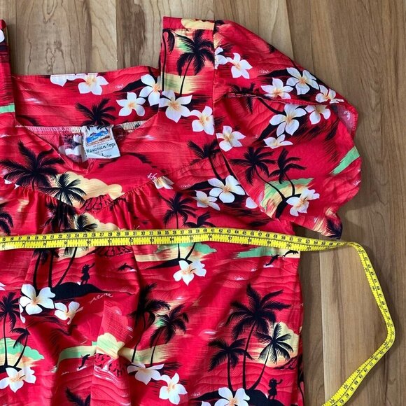 Vintage Hawaiian Togs Red Mumu Dress Large Palm Trees Hibiscus - Picture 2 of 15